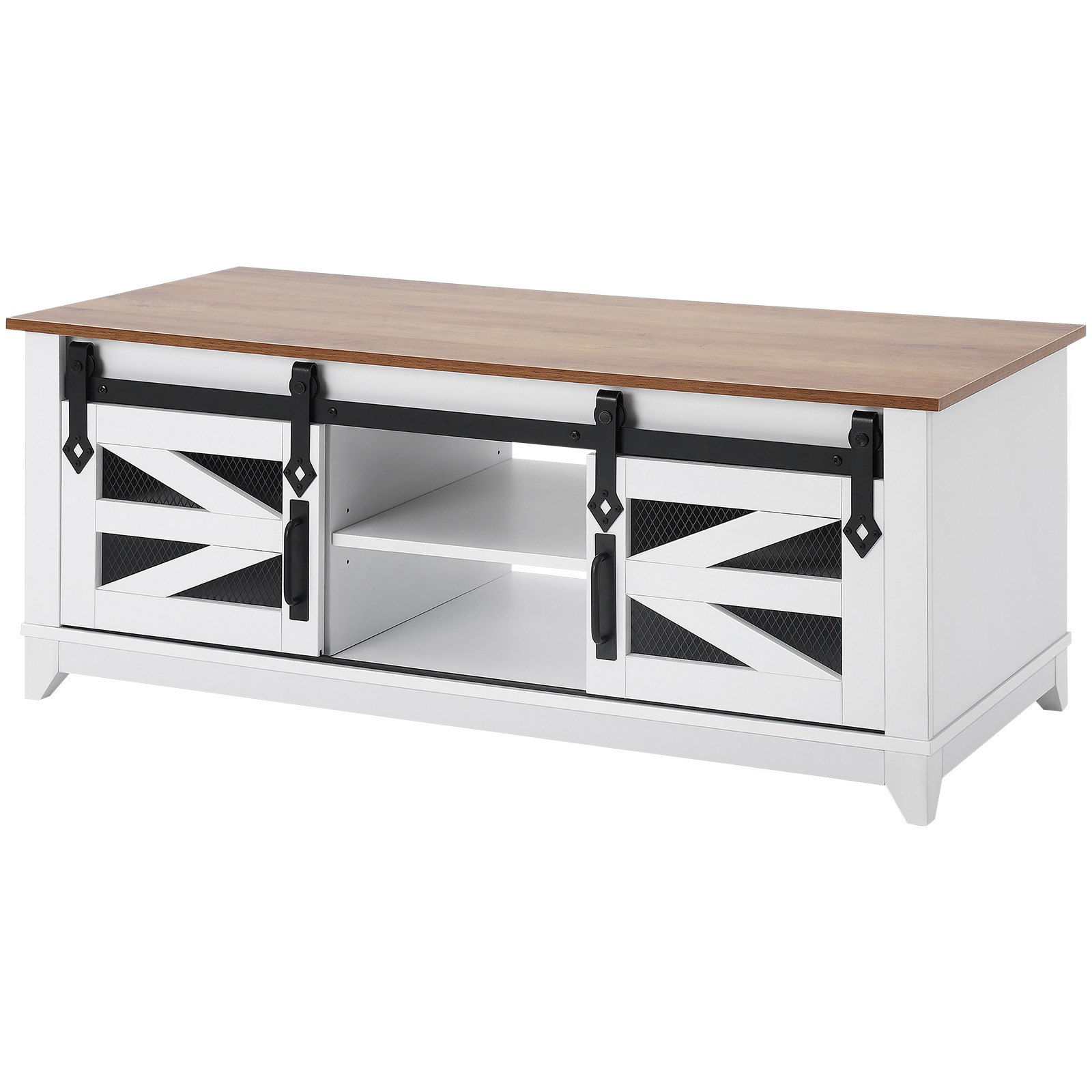 VEVOR 48" Farmhouse Coffee Table, Rectangle Coffee Table with 2 Sliding Barn Doors, 2 Tiers Wooden Rustic Table with Removable Shelves for Living Room, Bedroom, Apartment, or Studio, White & Natural