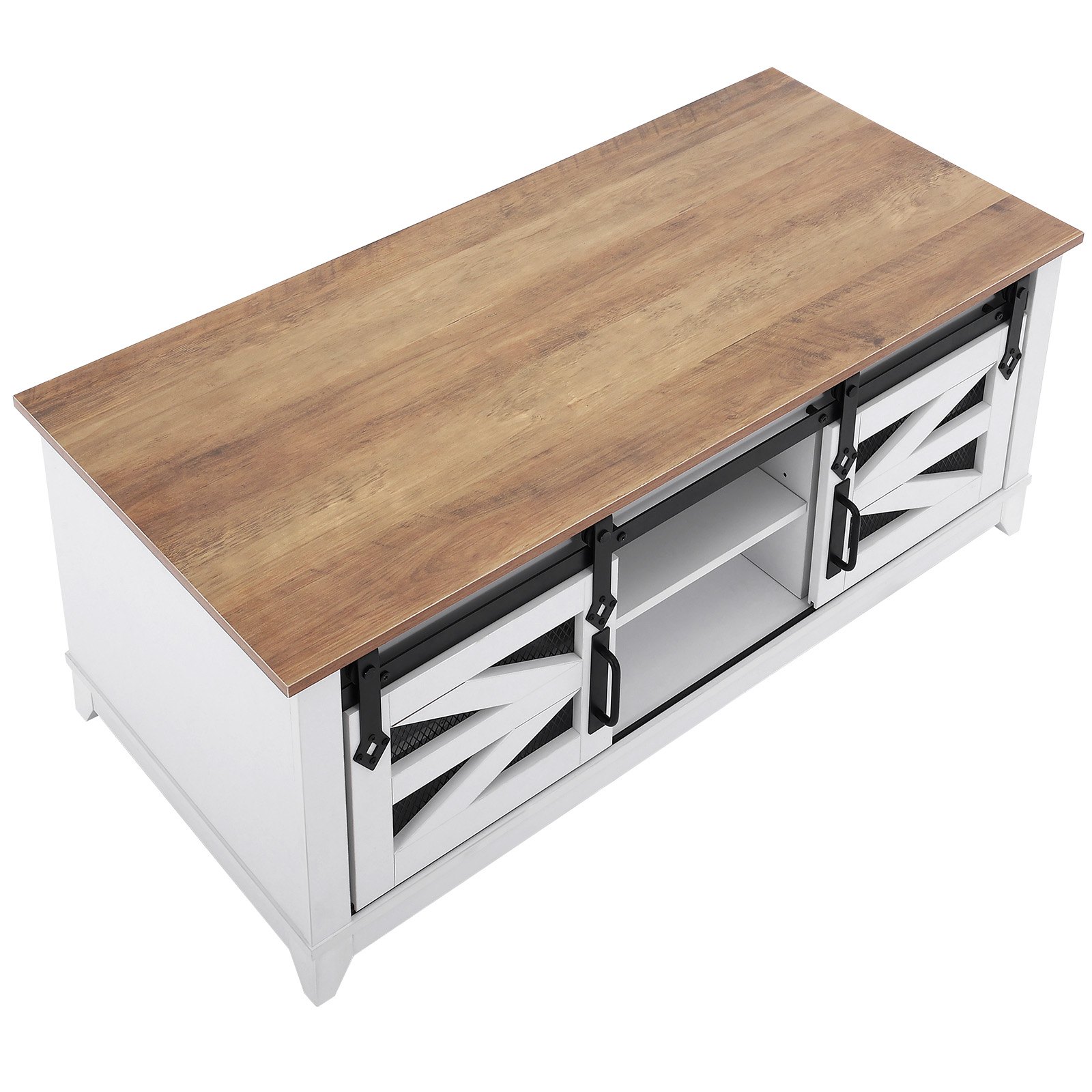 VEVOR 48" Farmhouse Coffee Table, Rectangle Coffee Table with 2 Sliding Barn Doors, 2 Tiers Wooden Rustic Table with Removable Shelves for Living Room, Bedroom, Apartment, or Studio, White & Natural