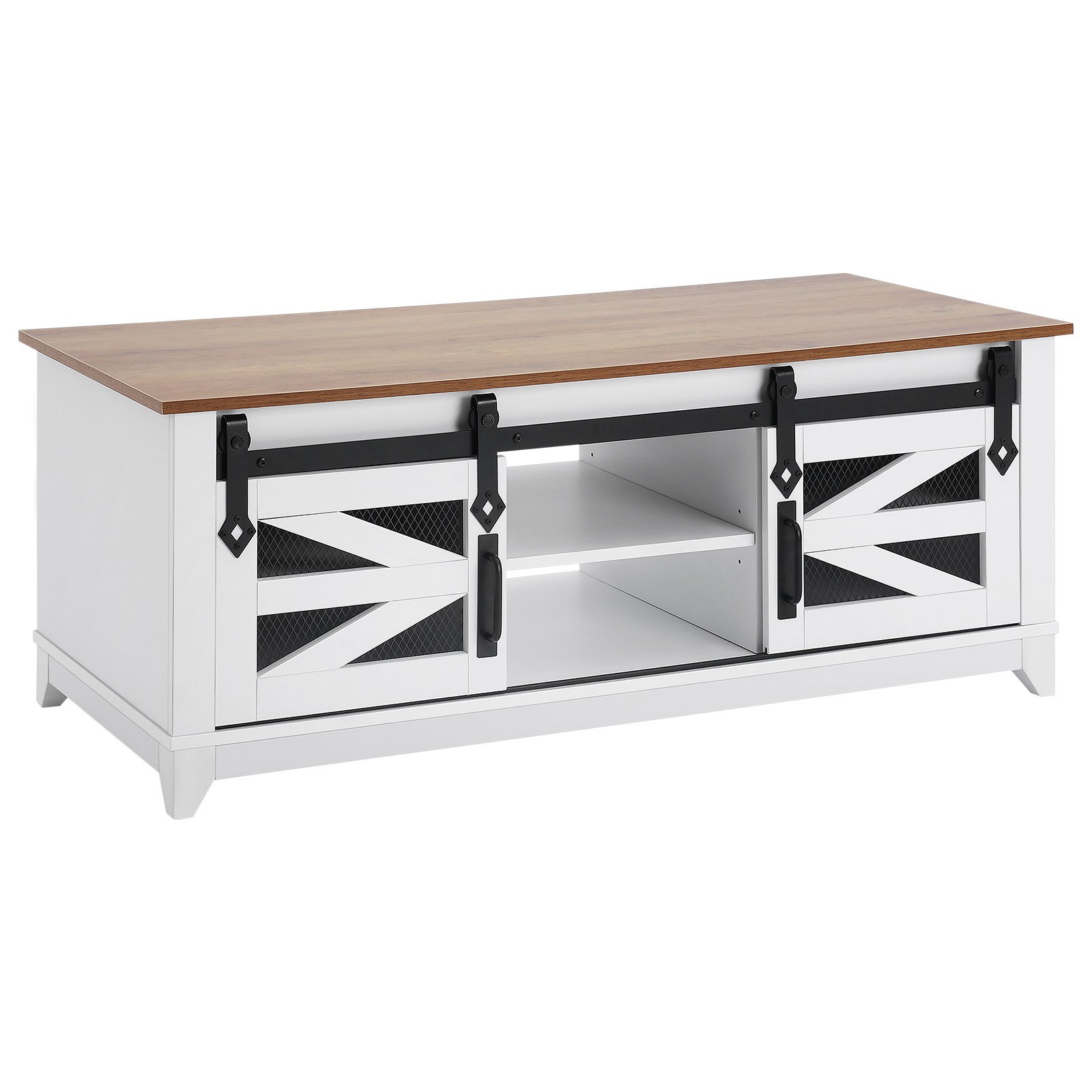 VEVOR 48" Farmhouse Coffee Table, Rectangle Coffee Table with 2 Sliding Barn Doors, 2 Tiers Wooden Rustic Table with Removable Shelves for Living Room, Bedroom, Apartment, or Studio, White & Natural