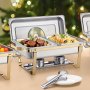 VEVOR varmefad buffetsæt, 4 l 2-pak, varmefad i rustfrit stål med 4 halve pander, rektangulær cateringvarmer med glaslåg, vandbakke, foldbar stativ, brændstofholder, til bryllupsfest, banket