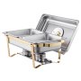 VEVOR varmefad buffetsæt, 4 l 2-pak, varmefad i rustfrit stål med 4 halve pander, rektangulær cateringvarmer med glaslåg, vandbakke, foldbar stativ, brændstofholder, til bryllupsfest, banket