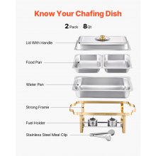 4 Qt 2 Pack Rectangle Chafing Dish Buffet Set Half Size Pan Stainless Steel Gold