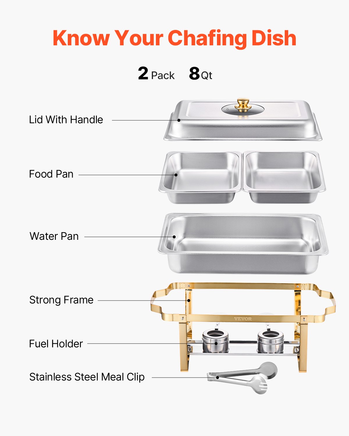 VEVOR Chafing Dish Buffet Set, 4 Qt 2 Pack, Stainless Steel Chafer with 4 Half Size Pans, Rectangle Catering Warmer Server with Glass Lid Water Pan Folding Stand Fuel Holder, for Wedding Party Banquet