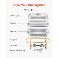 VEVOR 8 Qt 4 Pack Rectangle Chafing Dish Buffet Set Fullsize Pan Stainless Steel