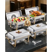 8 Qt 4 Pack Rectangle Chafing Dish Buffet Set Full Size Pan Stainless Steel Gold