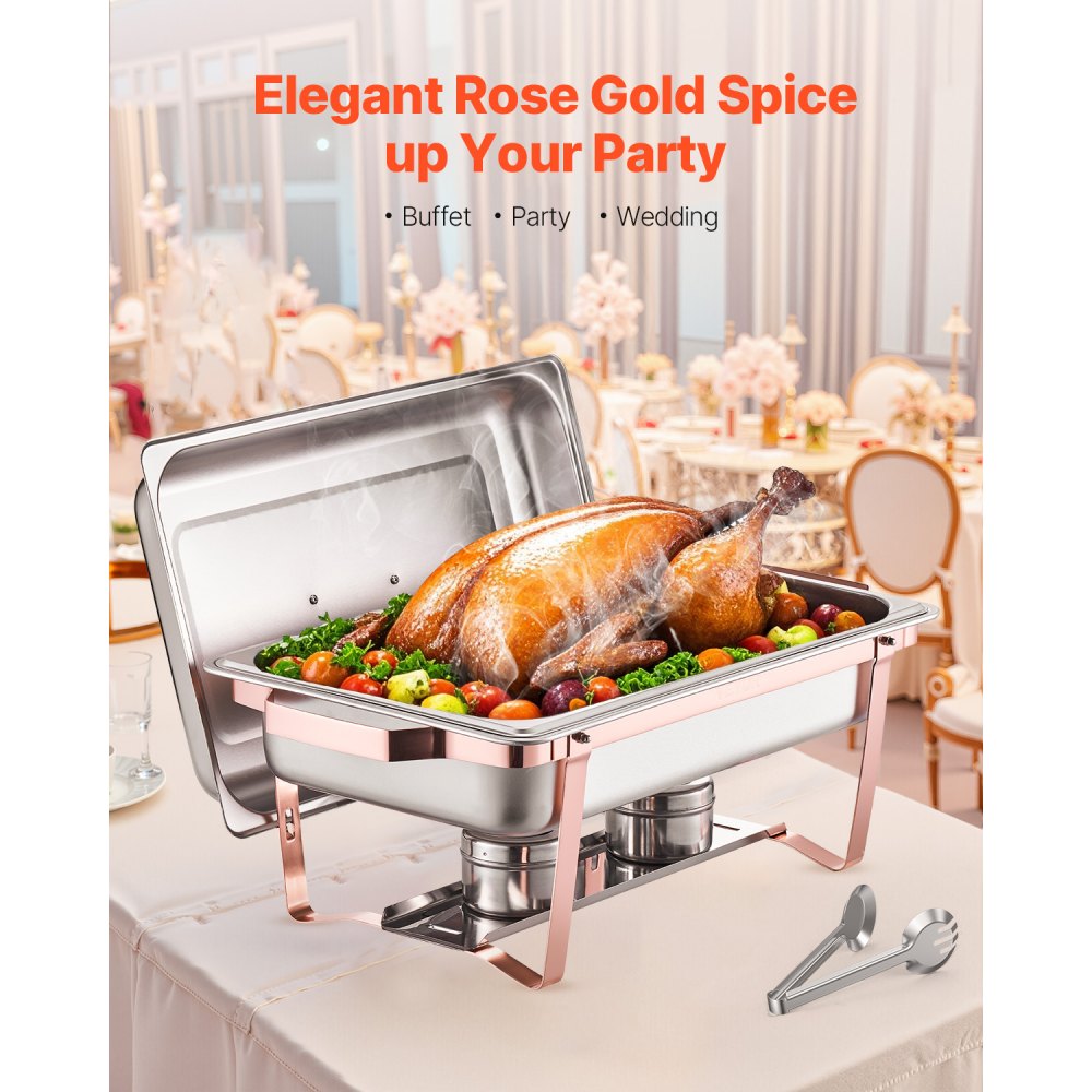 VEVOR Chafing Dish Buffet Set, 8 Qt 2 Pack, Stainless Steel Chafer with 2 Full Size Pans, Rectangle Catering Warmer Server with Lid Water Pan Stand Fuel Holder, for Wedding Party Banquet, Rose Gold
