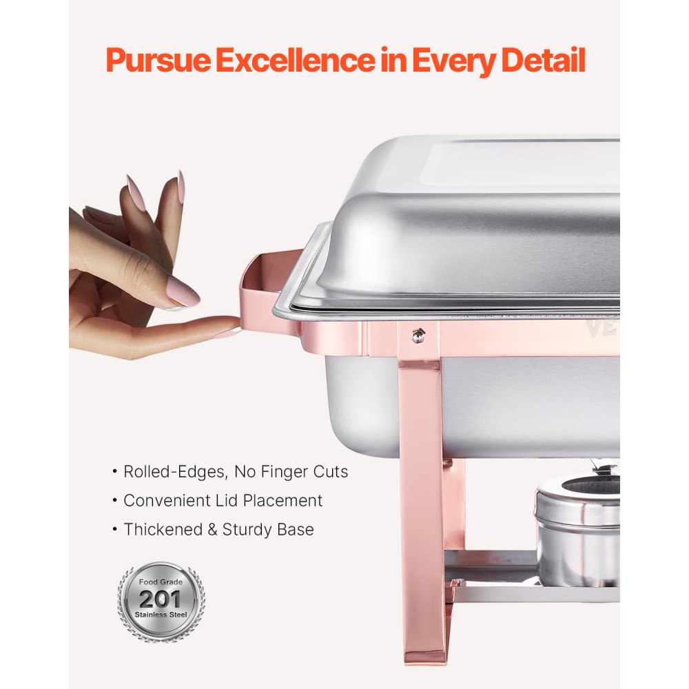 VEVOR Chafing Dish Buffet Set, 8 Qt 2 Pack, Stainless Steel Chafer with 2 Full Size Pans, Rectangle Catering Warmer Server with Lid Water Pan Stand Fuel Holder, for Wedding Party Banquet, Rose Gold