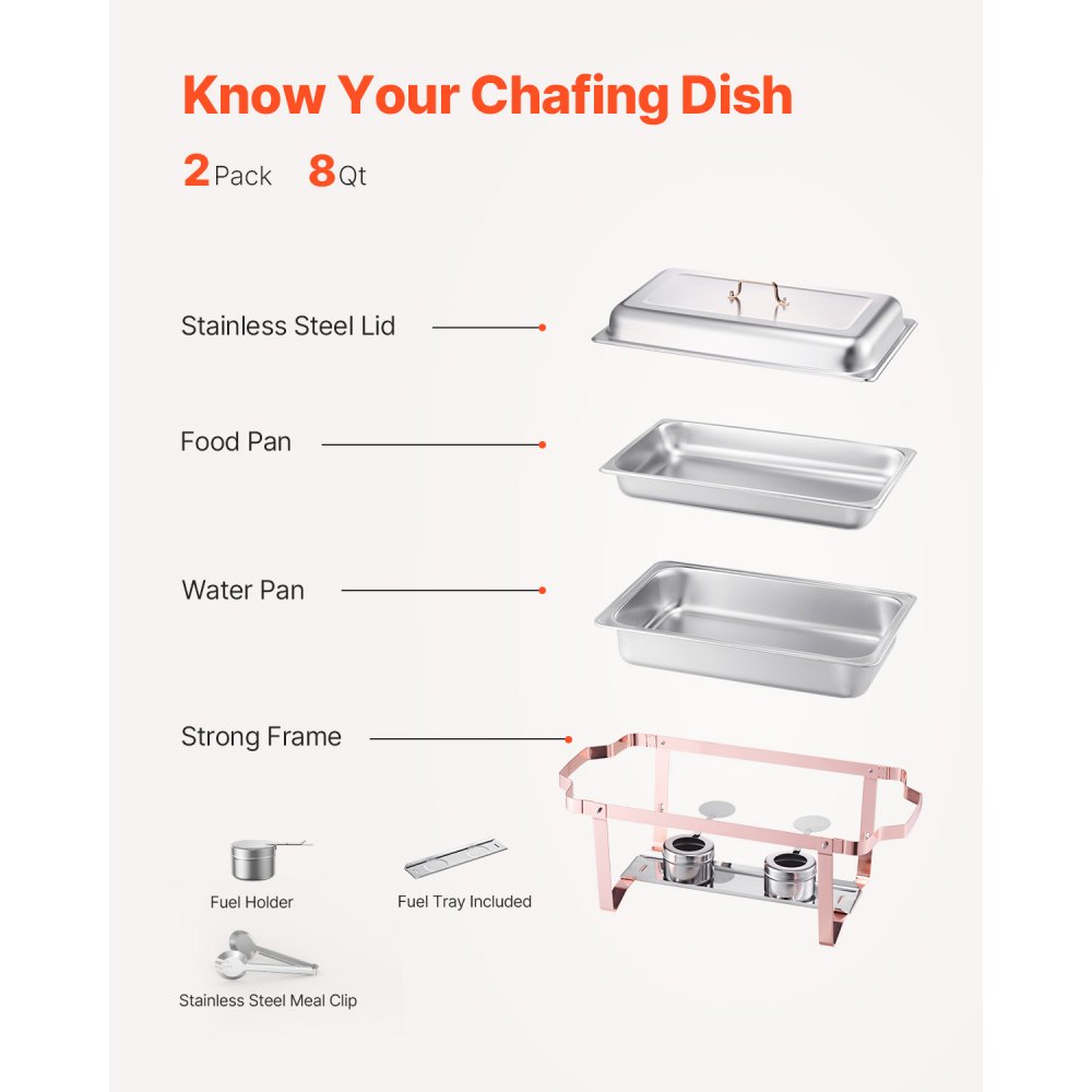 VEVOR Chafing Dish Buffet Set, 8 Qt 2 Pack, Stainless Steel Chafer with 2 Full Size Pans, Rectangle Catering Warmer Server with Lid Water Pan Stand Fuel Holder, for Wedding Party Banquet, Rose Gold