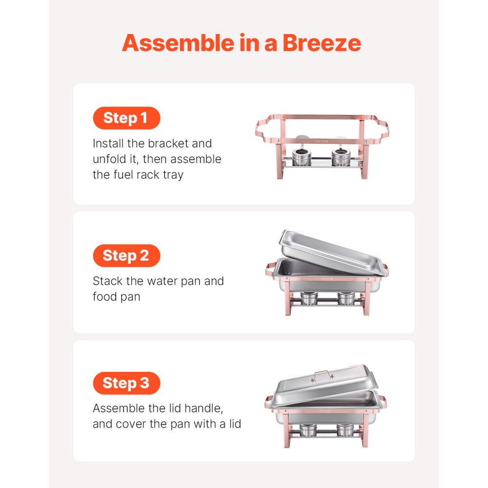 VEVOR Chafing Dish Buffet Set, 8 Qt 2 Pack, Stainless Steel Chafer with 2 Full Size Pans, Rectangle Catering Warmer Server with Lid Water Pan Stand Fuel Holder, for Wedding Party Banquet, Rose Gold