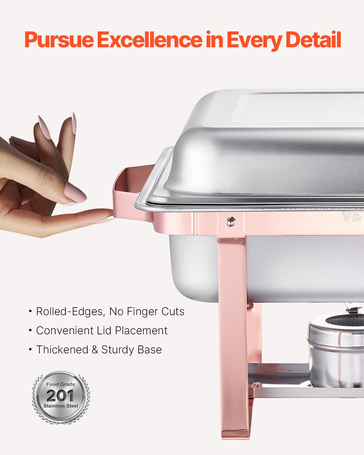 VEVOR Chafing Dish Buffet Set, 8 Qt 2 Pack, Stainless Steel Chafer with 2 Full Size Pans, Rectangle Catering Warmer Server with Lid Water Pan Stand Fuel Holder, for Wedding Party Banquet, Rose Gold