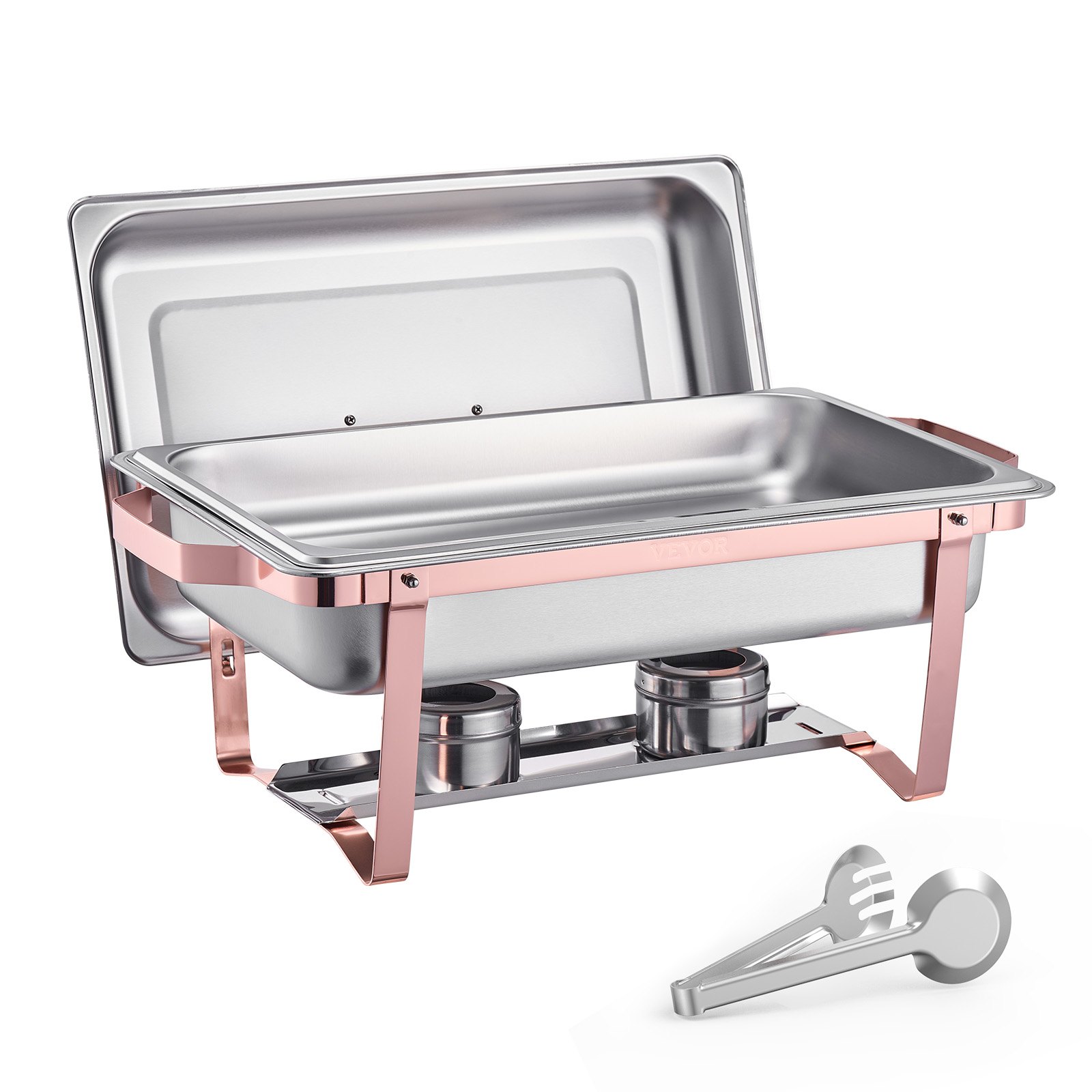 VEVOR Chafing Dish Buffet Set, 8 Qt 2 Pack, Stainless Steel Chafer with 2 Full Size Pans, Rectangle Catering Warmer Server with Lid Water Pan Stand Fuel Holder, for Wedding Party Banquet, Rose Gold
