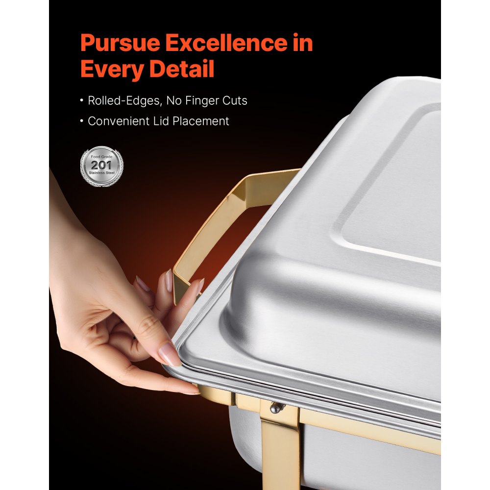 VEVOR Chafing Dish Buffet Set, 8 Qt 4 Pack, Stainless Steel Chafer with 2 Full Size and 4 Half Size Pans, Rectangle Catering Warmer Server with Lid Water Pan Stand, for Weddings Parties Banquets, Gold