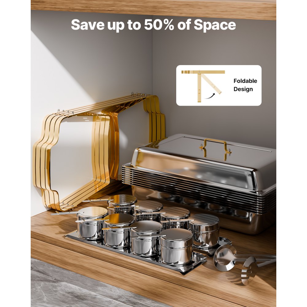 VEVOR Chafing Dish Buffet Set, 8 Qt 4 Pack, Stainless Steel Chafer with 2 Full Size and 4 Half Size Pans, Rectangle Catering Warmer Server with Lid Water Pan Stand, for Weddings Parties Banquets, Gold