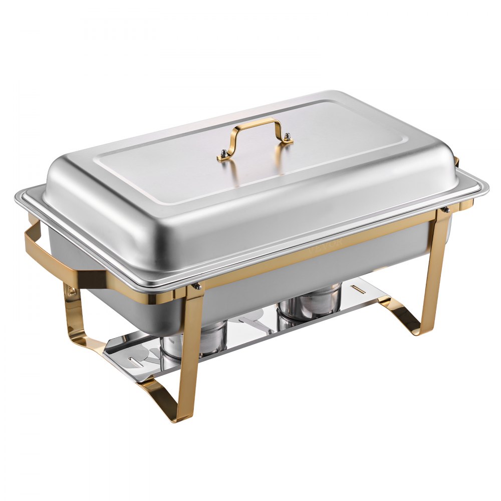 VEVOR Chafing Dish Buffet Set, 8 Qt 4 Pack, Stainless Steel Chafer with 2 Full Size and 4 Half Size Pans, Rectangle Catering Warmer Server with Lid Water Pan Stand, for Weddings Parties Banquets, Gold