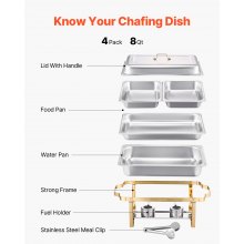 8 Qt 4 Pack Rectangle Chafing Dish Buffet Set Full-Size & Half-Size Pans Gold