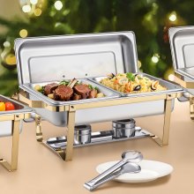 8 Qt 4 Pack Rectangle Chafing Dish Buffet Set Full-Size & Half-Size Pans Gold