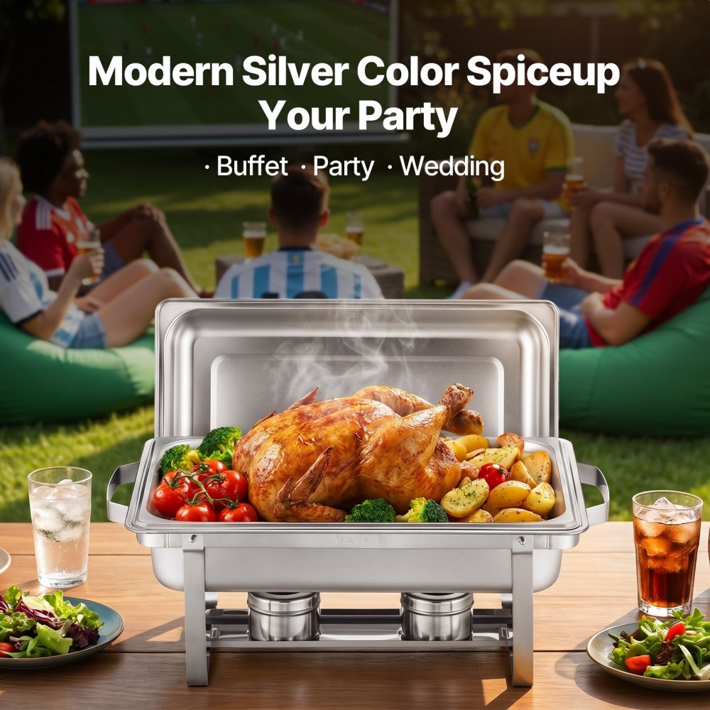 VEVOR Chafing Dish Buffet Set, 8 Qt 4 Pack, Stainless Steel Chafer with 4 Full Size Pans, Rectangle Catering Warmer Server with Lid Water Pan Stand Fuel Holder, for Weddings Parties Banquets, Silver