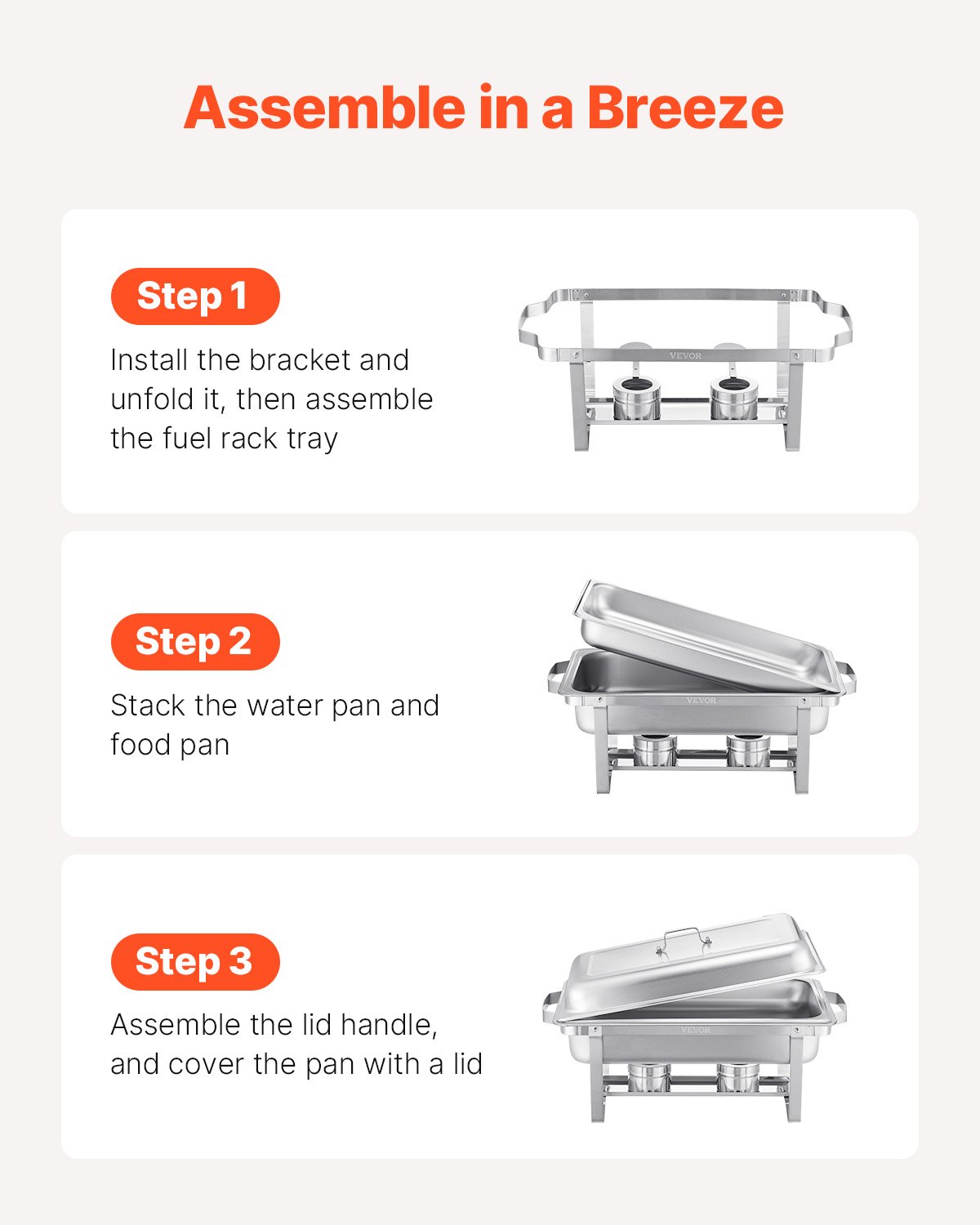 VEVOR Chafing Dish Buffet Set, 8 Qt 6 Pack, Stainless Steel Chafer with 6 Full Size Pans, Rectangle Catering Warmer Server with Lid Water Pan Stand Fuel Holder, for Weddings Parties Banquets, Silver