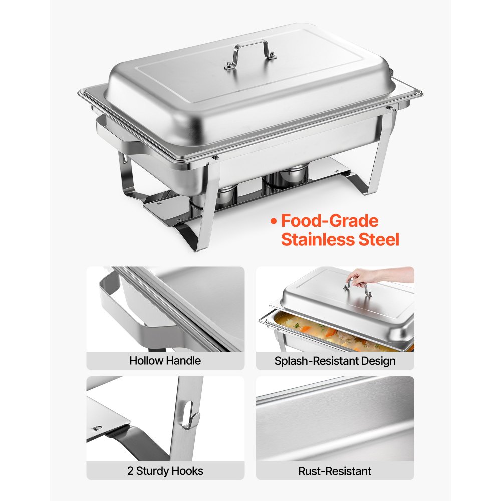 VEVOR Rectangle Chafing Dish, 9 Qt 2 Pack Stainless Steel Chafing Dish, Food Warmer Chafer Complete Set with Hollow Handle, 1 Food Tongs, Lid, Fuel Holder, Chafer Dishes for Banquet Party Wedding