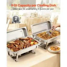 VEVOR Rectangle Chafing Dish, 9 Qt 2 Pack Stainless Steel Chafing Dish, Food Warmer Chafer Complete Set with Hollow Handle, 1 Food Tongs, Lid, Fuel Holder, Chafer Dishes for Banquet Party Wedding