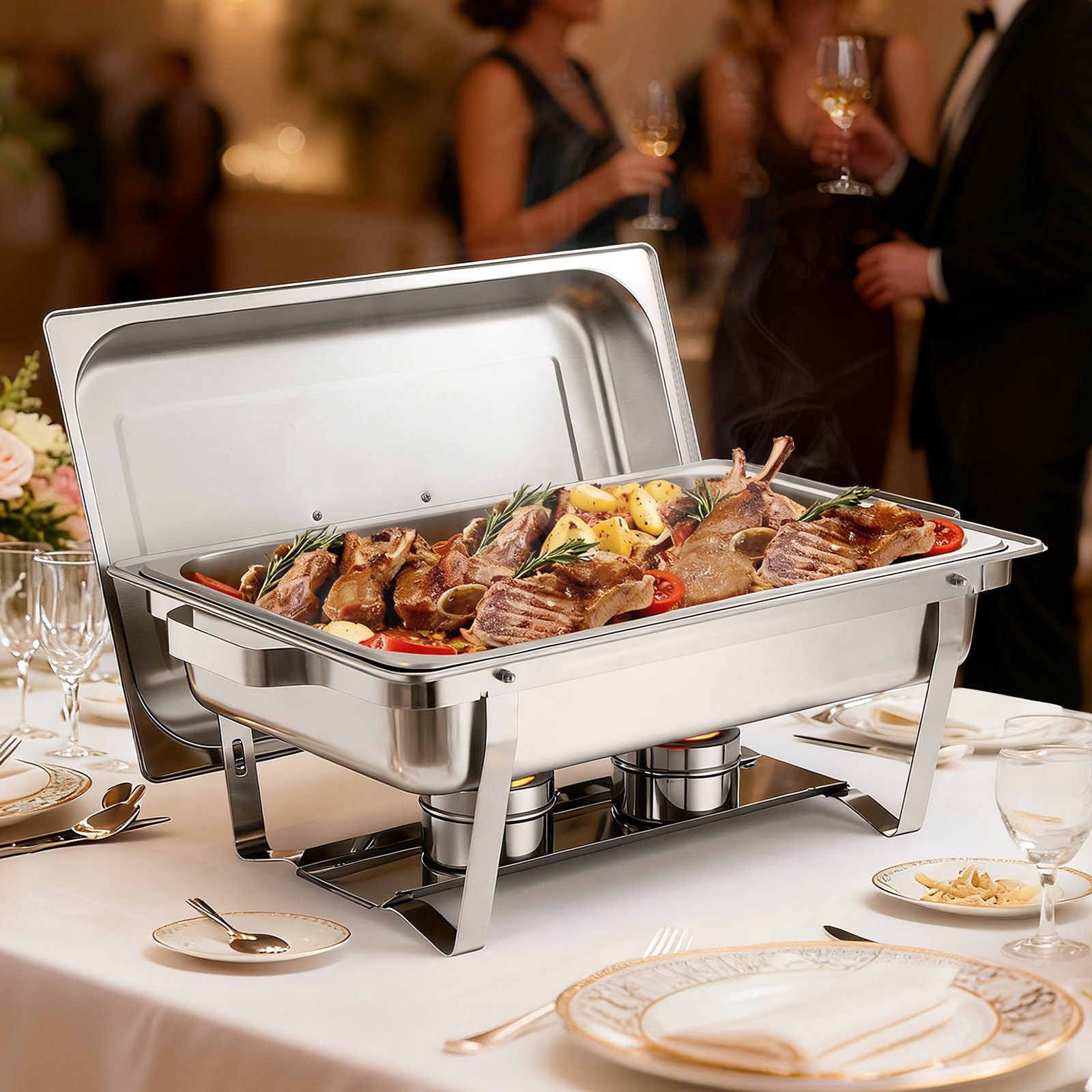 VEVOR Rectangle Chafing Dish, 9 Qt 2 Pack Stainless Steel Chafing Dish, Food Warmer Chafer Complete Set with Hollow Handle, 1 Food Tongs, Lid, Fuel Holder, Chafer Dishes for Banquet Party Wedding