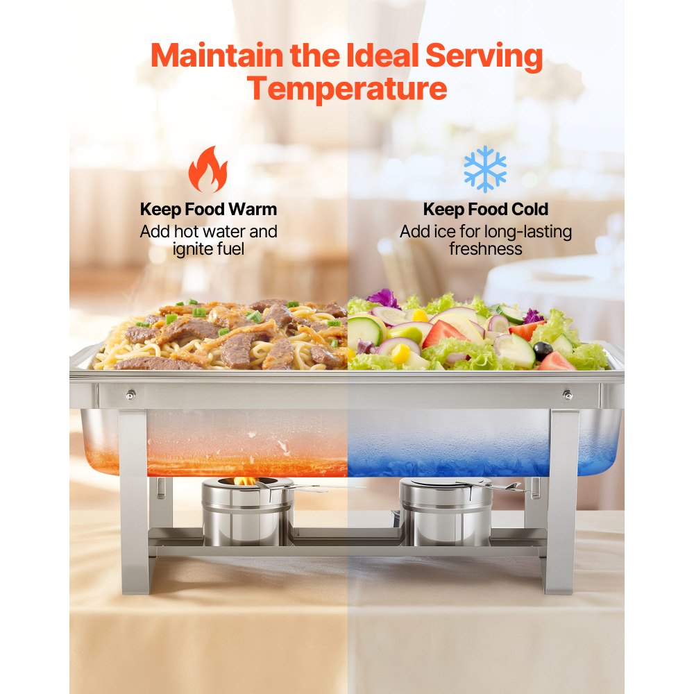 VEVOR Rectangle Chafing Dish, 9 Qt 4 Pack Stainless Steel Chafing Dish, Food Warmer Chafer Complete Set with Hollow Handle, 2 Food Tongs, Lid, Canister Holder, Chafer Dishes for Banquet Party Wedding
