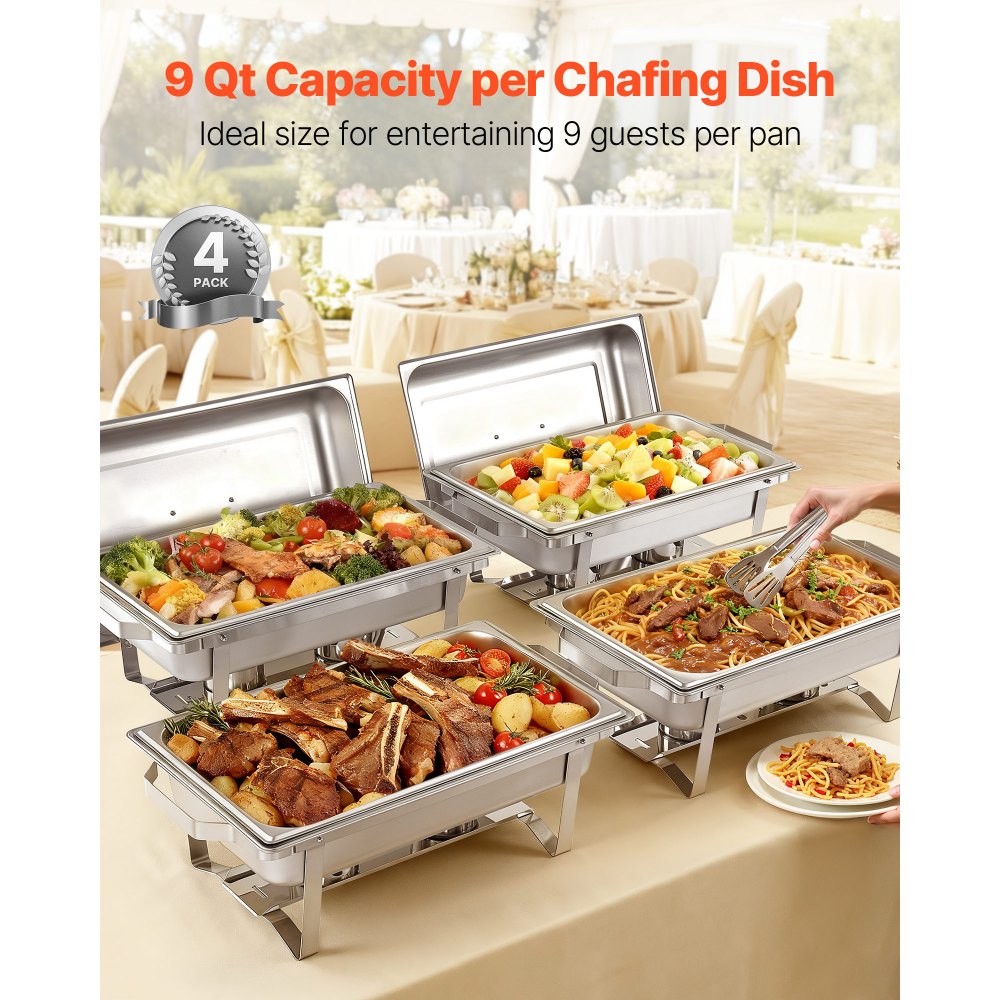 VEVOR Rectangle Chafing Dish, 9 Qt 4 Pack Stainless Steel Chafing Dish, Food Warmer Chafer Complete Set with Hollow Handle, 2 Food Tongs, Lid, Canister Holder, Chafer Dishes for Banquet Party Wedding