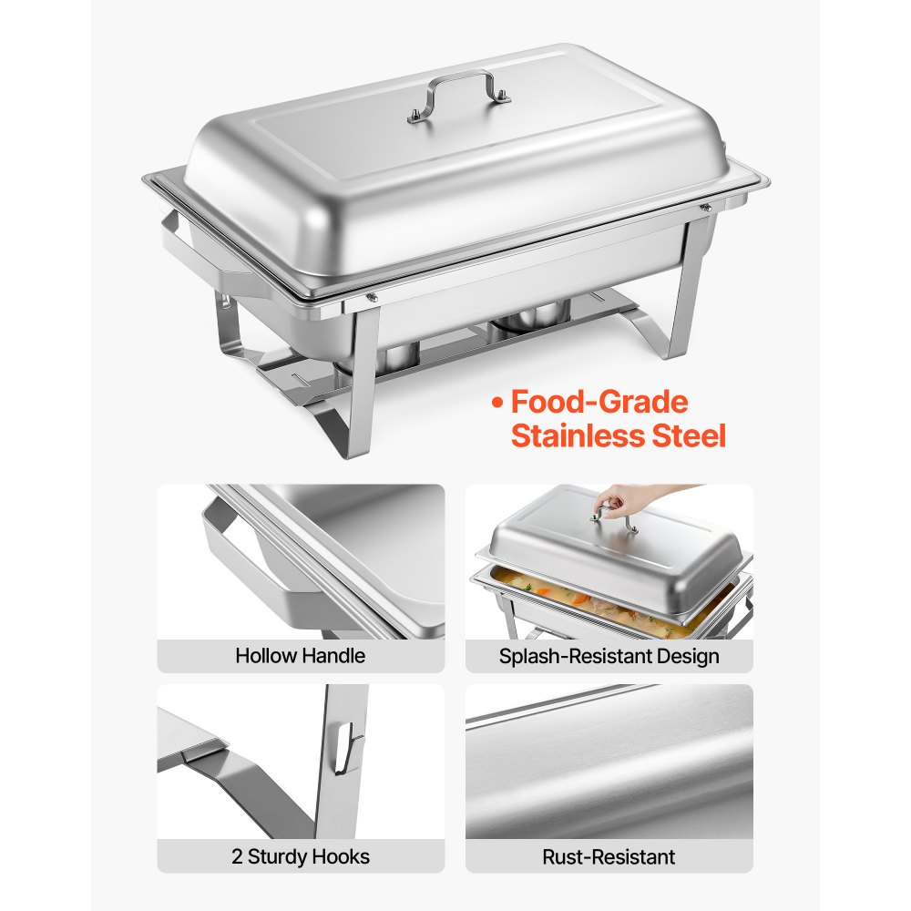 VEVOR Rectangle Chafing Dish, 9 Qt 4 Pack Stainless Steel Chafing Dish, Food Warmer Chafer Complete Set with Hollow Handle, 2 Food Tongs, Lid, Canister Holder, Chafer Dishes for Banquet Party Wedding
