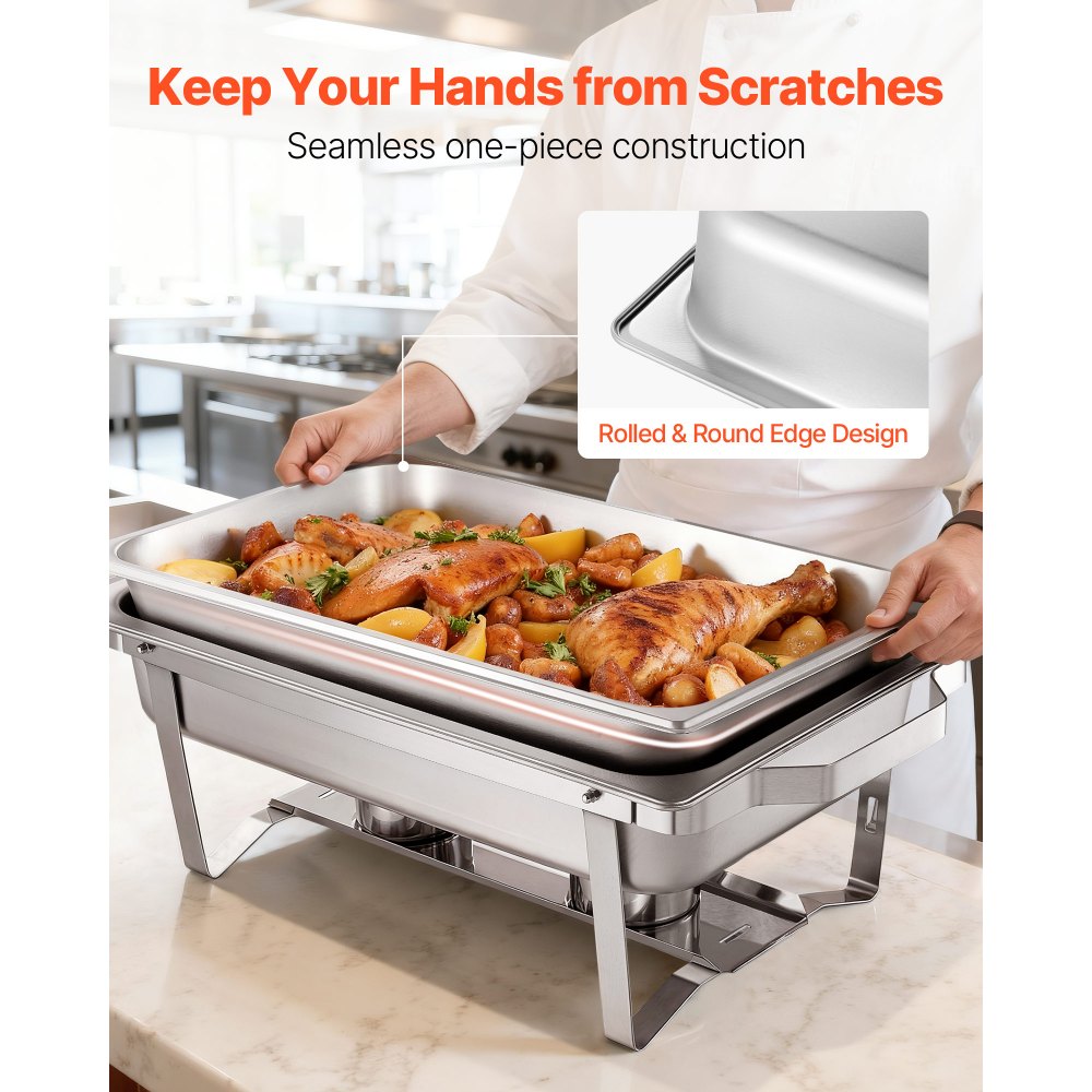 VEVOR Rectangle Chafing Dish, 9 Qt 4 Pack Stainless Steel Chafing Dish, Food Warmer Chafer Complete Set with Hollow Handle, 2 Food Tongs, Lid, Canister Holder, Chafer Dishes for Banquet Party Wedding