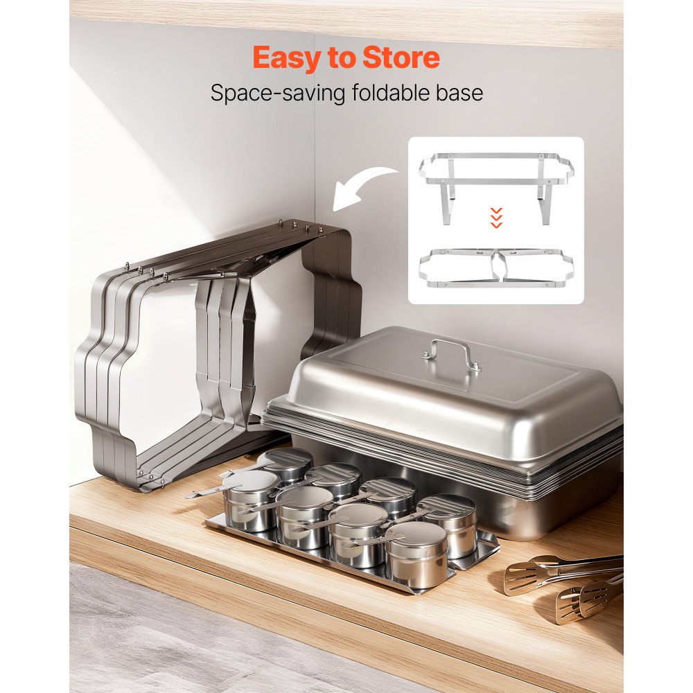 VEVOR Rectangle Chafing Dish, 9 Qt 4 Pack Stainless Steel Chafing Dish, Food Warmer Chafer Complete Set with Hollow Handle, 2 Food Tongs, Lid, Canister Holder, Chafer Dishes for Banquet Party Wedding