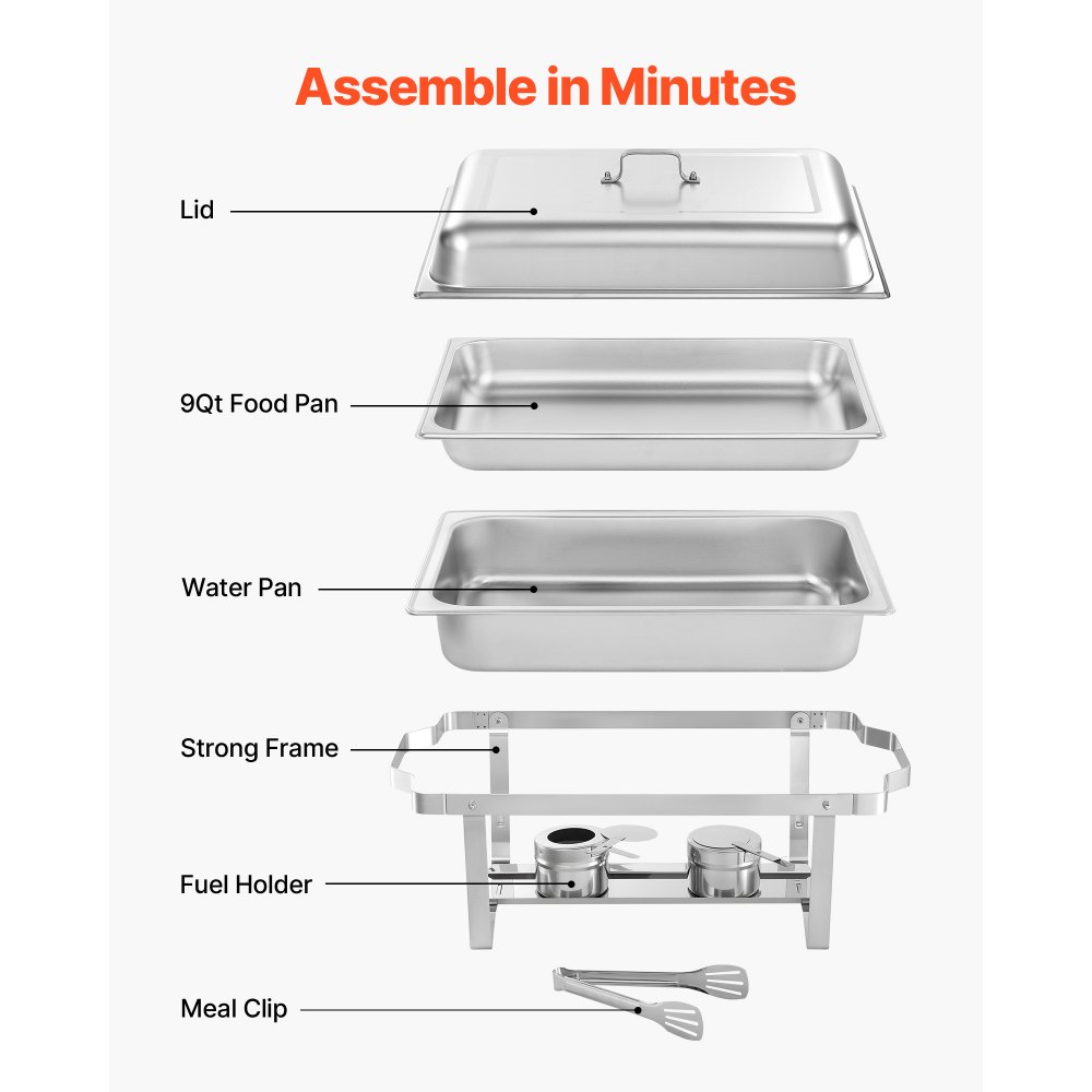 VEVOR Rectangle Chafing Dish, 9 Qt 4 Pack Stainless Steel Chafing Dish, Food Warmer Chafer Complete Set with Hollow Handle, 2 Food Tongs, Lid, Canister Holder, Chafer Dishes for Banquet Party Wedding