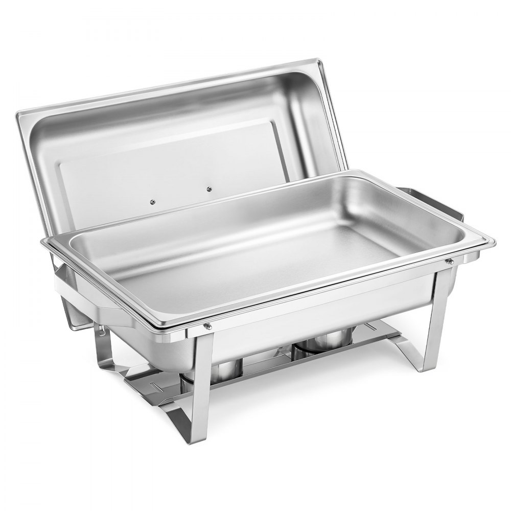 VEVOR Rectangle Chafing Dish, 9 Qt 4 Pack Stainless Steel Chafing Dish, Food Warmer Chafer Complete Set with Hollow Handle, 2 Food Tongs, Lid, Canister Holder, Chafer Dishes for Banquet Party Wedding