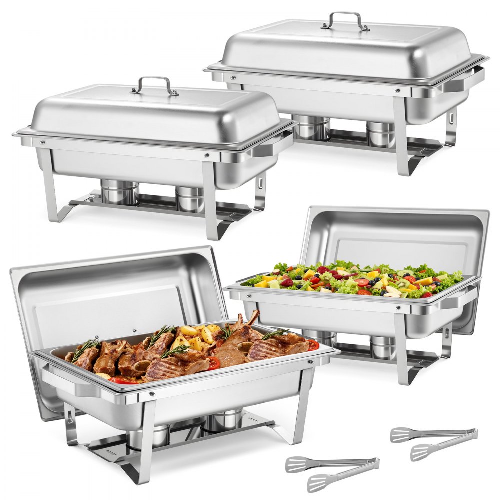VEVOR Rectangle Chafing Dish, 9 Qt 4 Pack Stainless Steel Chafing Dish, Food Warmer Chafer Complete Set with Hollow Handle, 2 Food Tongs, Lid, Canister Holder, Chafer Dishes for Banquet Party Wedding