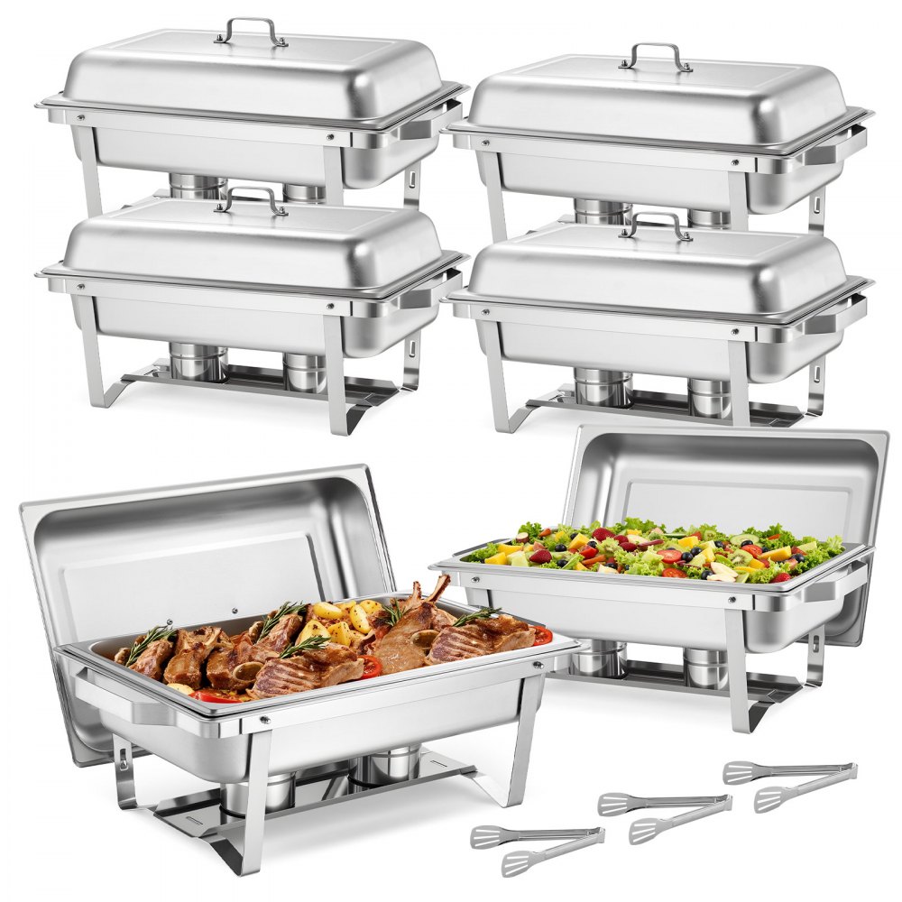 VEVOR Rectangle Chafing Dish, 9 Qt 6 Pack Stainless Steel Chafing Dish, Food Warmer Chafer Complete Set with Hollow Handle, 3 Food Tongs, Lid, Fuel Holder, Chafer Dishes for Banquet Party Wedding