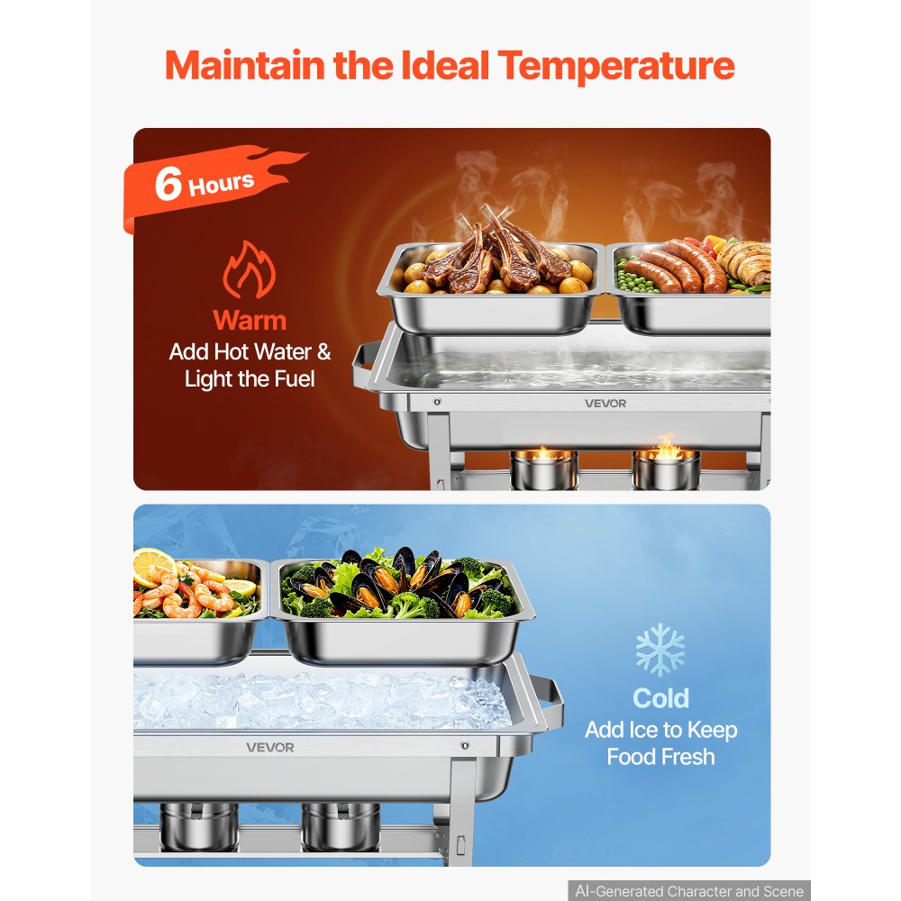 VEVOR 1 Pack Chafing Dish for Buffet Set, 9QT/ 8.5L Stainless Steel Chafer, for Banquet Party Wedding, Rectangle Buffet Server and Warmer, with 2 Half Size Pans, Fuel Holder, and Foldable Stand