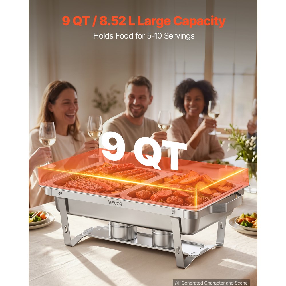 VEVOR 1 Pack Chafing Dish for Buffet Set, 9QT/ 8.5L Stainless Steel Chafer, for Banquet Party Wedding, Rectangle Buffet Server and Warmer, with 2 Half Size Pans, Fuel Holder, and Foldable Stand