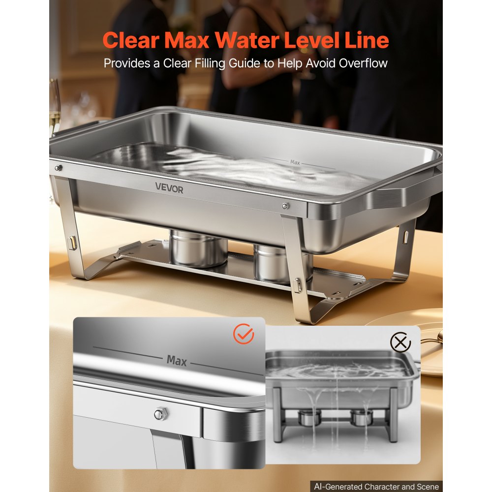 VEVOR 1 Pack Chafing Dish for Buffet Set, 9QT/ 8.5L Stainless Steel Chafer, for Banquet Party Wedding, Rectangle Buffet Server and Warmer, with 2 Half Size Pans, Fuel Holder, and Foldable Stand