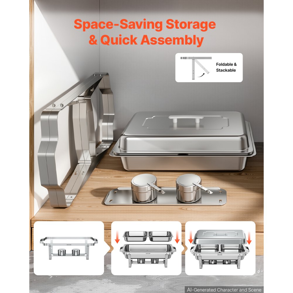 VEVOR 1 Pack Chafing Dish for Buffet Set, 9QT/ 8.5L Stainless Steel Chafer, for Banquet Party Wedding, Rectangle Buffet Server and Warmer, with 2 Half Size Pans, Fuel Holder, and Foldable Stand