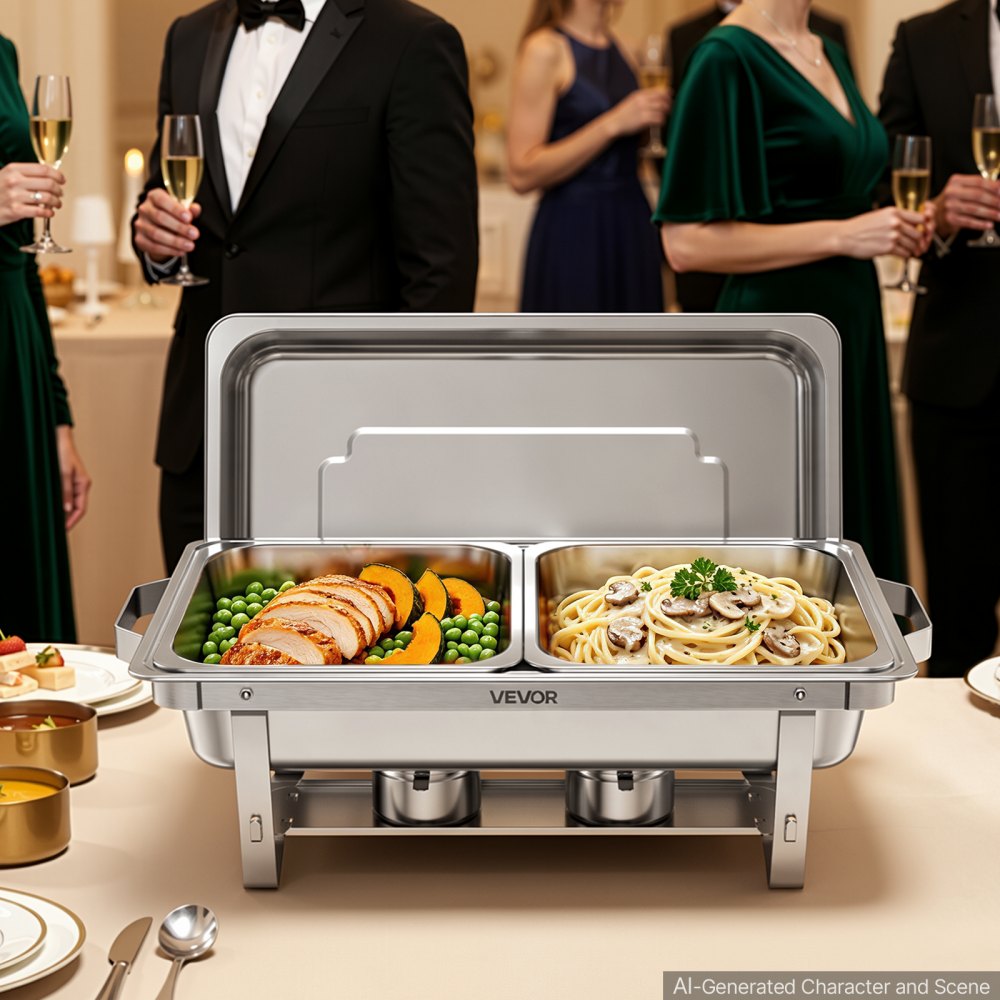 VEVOR 1 Pack Chafing Dish for Buffet Set, 9QT/ 8.5L Stainless Steel Chafer, for Banquet Party Wedding, Rectangle Buffet Server and Warmer, with 2 Half Size Pans, Fuel Holder, and Foldable Stand