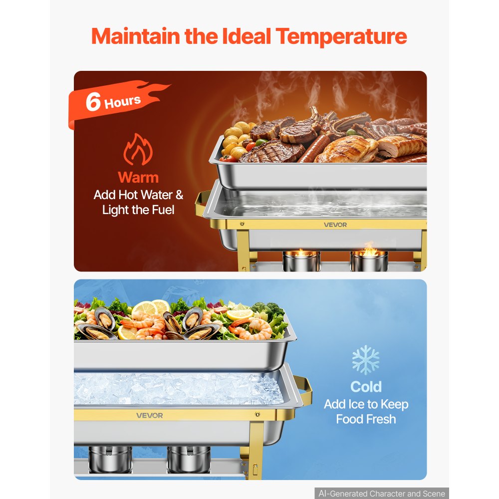 VEVOR 4 Packs Chafing Dishes for Buffet Set, 8.5L Stainless Steel Chafer, for Banquet Party Wedding, Rectangle Buffet Server Warmer, 2 Full & 4 Half-Size Pans, Glass Lid, Fuel Holder, Tong, Glass Pad