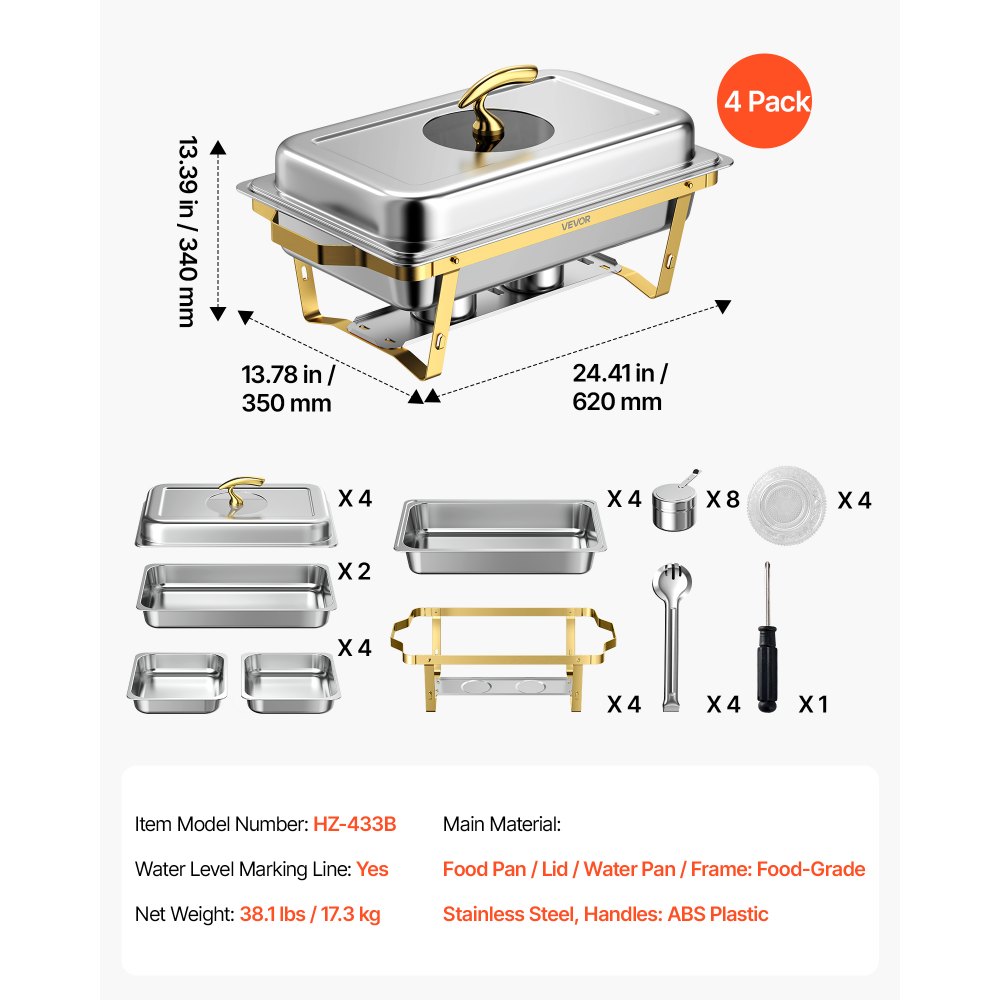 VEVOR 4 Packs Chafing Dishes for Buffet Set, 8.5L Stainless Steel Chafer, for Banquet Party Wedding, Rectangle Buffet Server Warmer, 2 Full & 4 Half-Size Pans, Glass Lid, Fuel Holder, Tong, Glass Pad