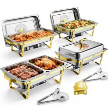 VEVOR 4 Packs Chafing Dishes for Buffet Set, 9QT Stainless Steel Chafer, for Banquet Party Wedding, Rectangle Buffet Server Warmer, 2 Full & 4 Half-Size Pans, Glass Lid, Fuel Holder, Tong, Glass Pad