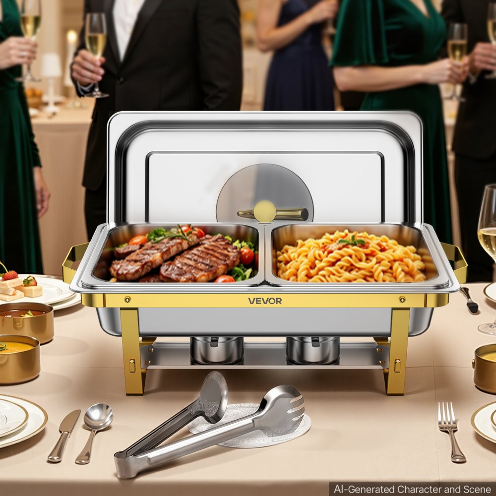 VEVOR 2 Packs Chafing Dishes for Buffet Set, 8.5L Stainless Steel Chafer, for Banquet Party Wedding, Rectangle Buffet Server Warmer, 1 Full & 2 Half-Size Pans, Glass Lid, Fuel Holder, Tong, Glass Pad