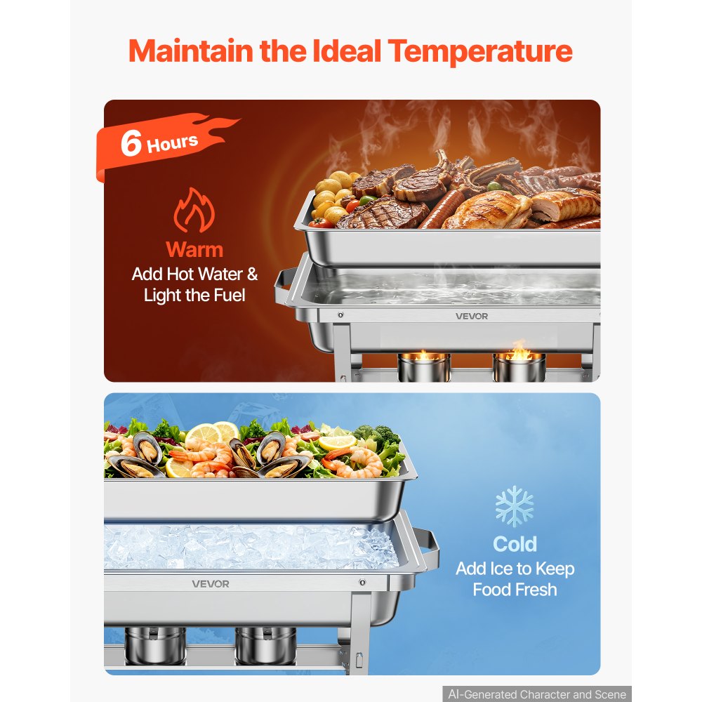 VEVOR 6 Packs Chafing Dishes for Buffet Set, 8.5L Stainless Steel Chafer, for Banquet Party Wedding, Rectangle Buffet Server and Warmer, with 6 Full Size Pans, Fuel Holder, and Foldable Stand