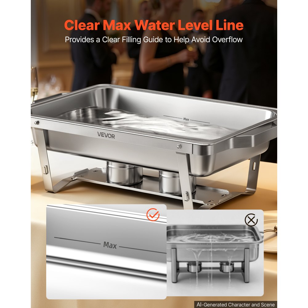 VEVOR 6 Packs Chafing Dishes for Buffet Set, 8.5L Stainless Steel Chafer, for Banquet Party Wedding, Rectangle Buffet Server and Warmer, with 6 Full Size Pans, Fuel Holder, and Foldable Stand