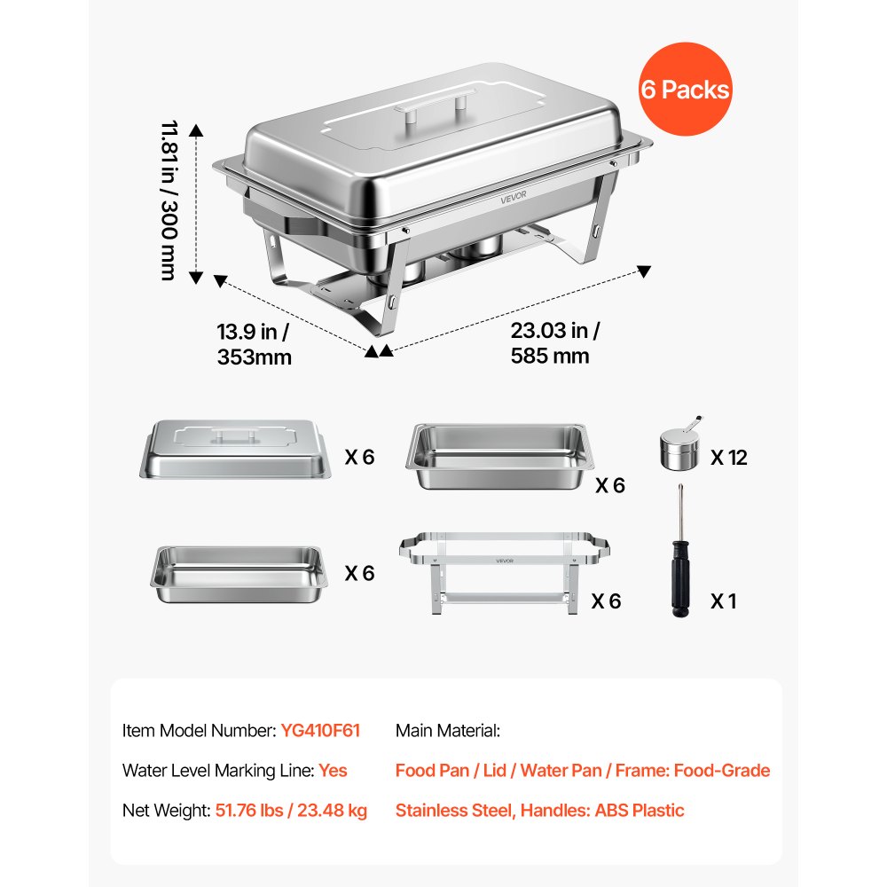 VEVOR 6 Packs Chafing Dishes for Buffet Set, 8.5L Stainless Steel Chafer, for Banquet Party Wedding, Rectangle Buffet Server and Warmer, with 6 Full Size Pans, Fuel Holder, and Foldable Stand