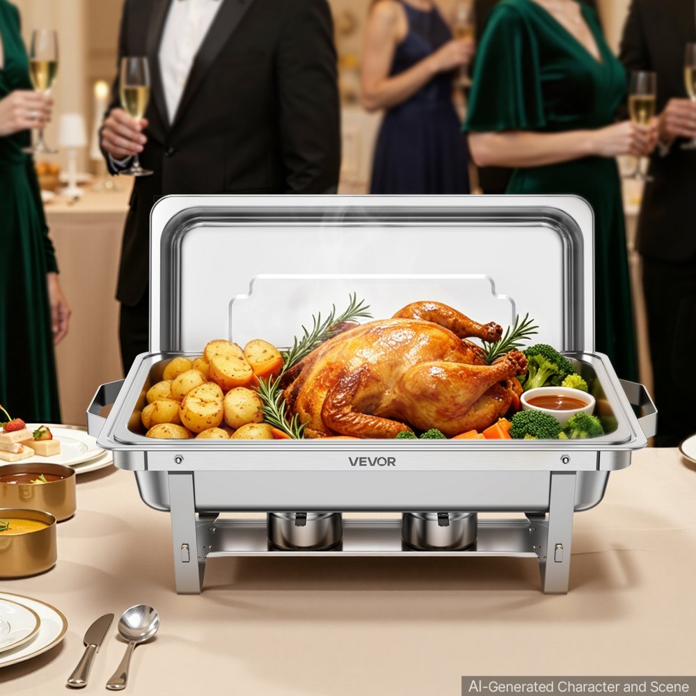 VEVOR 6 Packs Chafing Dishes for Buffet Set, 8.5L Stainless Steel Chafer, for Banquet Party Wedding, Rectangle Buffet Server and Warmer, with 6 Full Size Pans, Fuel Holder, and Foldable Stand