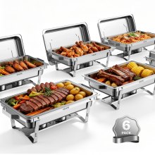 VEVOR 6 Packs Chafing Dishes for Buffet Set, 9QT Stainless Steel Chafer, for Banquet Party Wedding, Rectangle Buffet Server and Warmer, with 6 Full Size Pans, Fuel Holder, and Foldable Stand