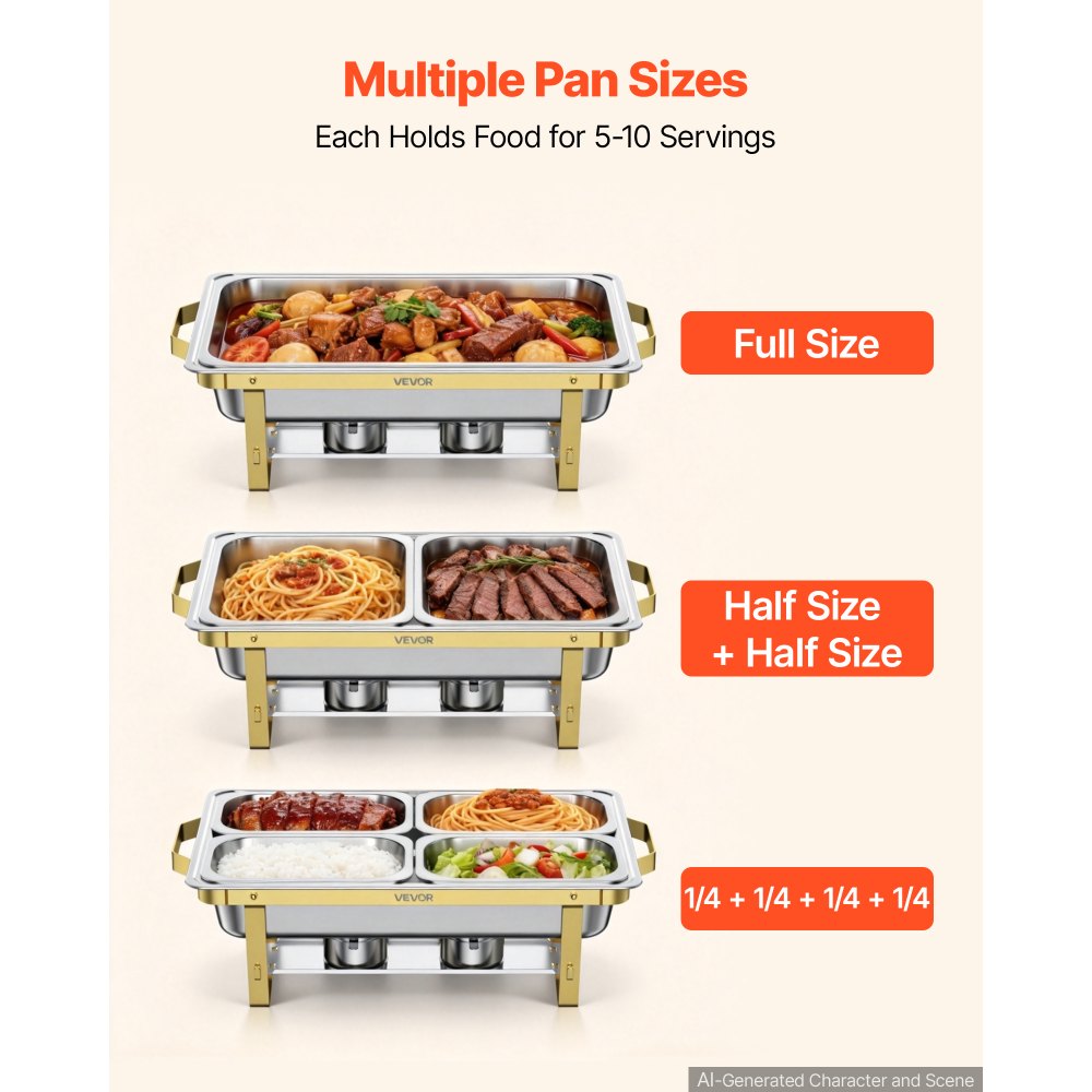 VEVOR 4 Packs Chafing Dishes for Buffet Set, 9QT Stainless Steel Chafer, for Banquet Party Wedding, Rectangle Buffet Server Warmer, 2 Full & 2 Half & 4 Fourth-Size Pans, Fuel Holder, Tong, Glass Pad