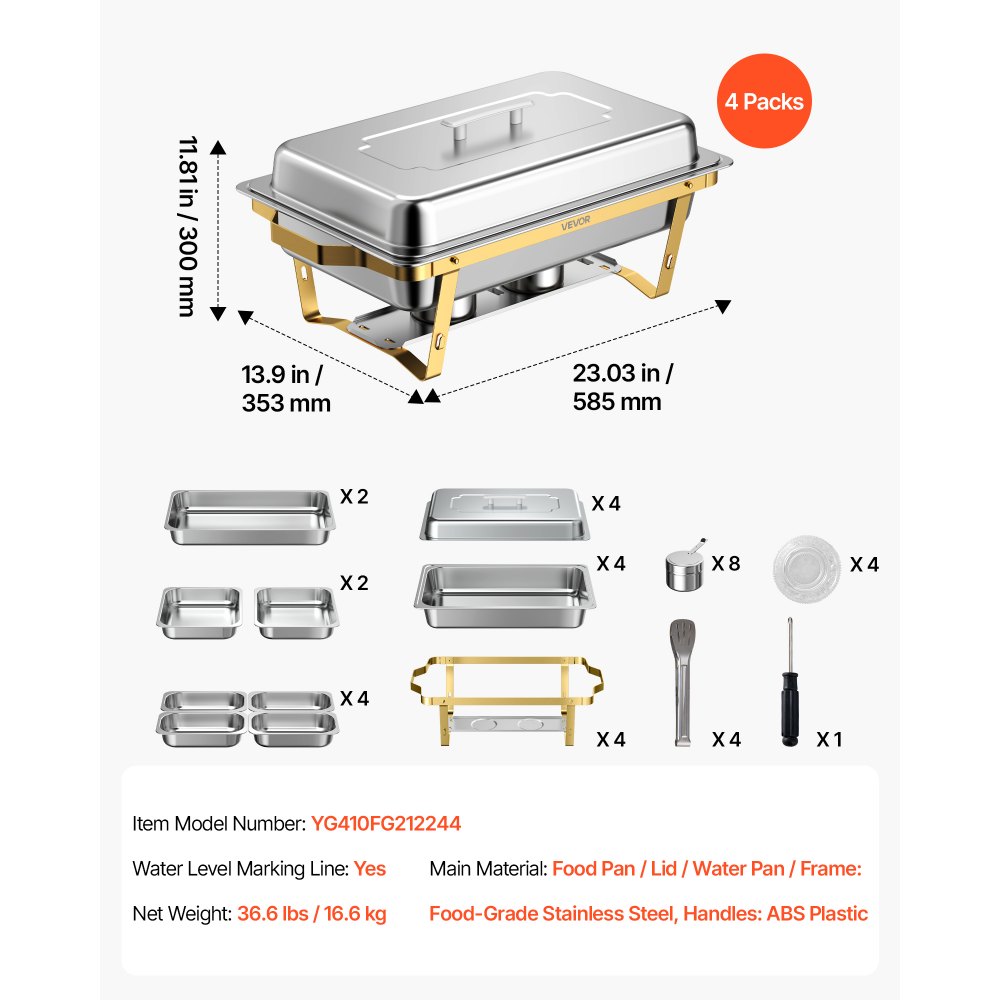 VEVOR 4 Packs Chafing Dishes for Buffet Set, 9QT Stainless Steel Chafer, for Banquet Party Wedding, Rectangle Buffet Server Warmer, 2 Full & 2 Half & 4 Fourth-Size Pans, Fuel Holder, Tong, Glass Pad